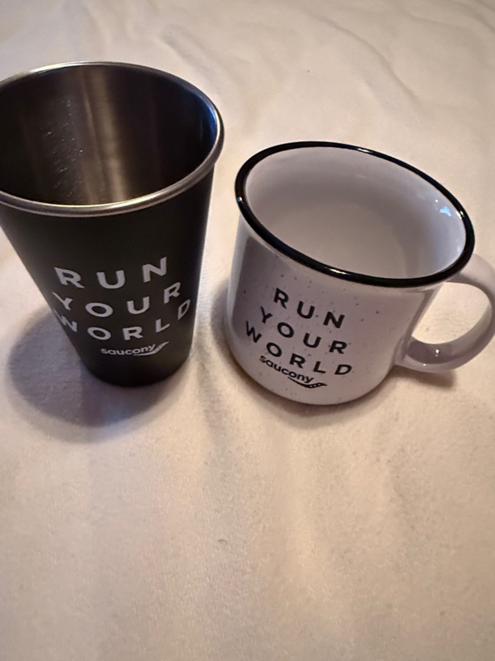 Saucony Black Metal Tumbler & White Enamel Mug Set